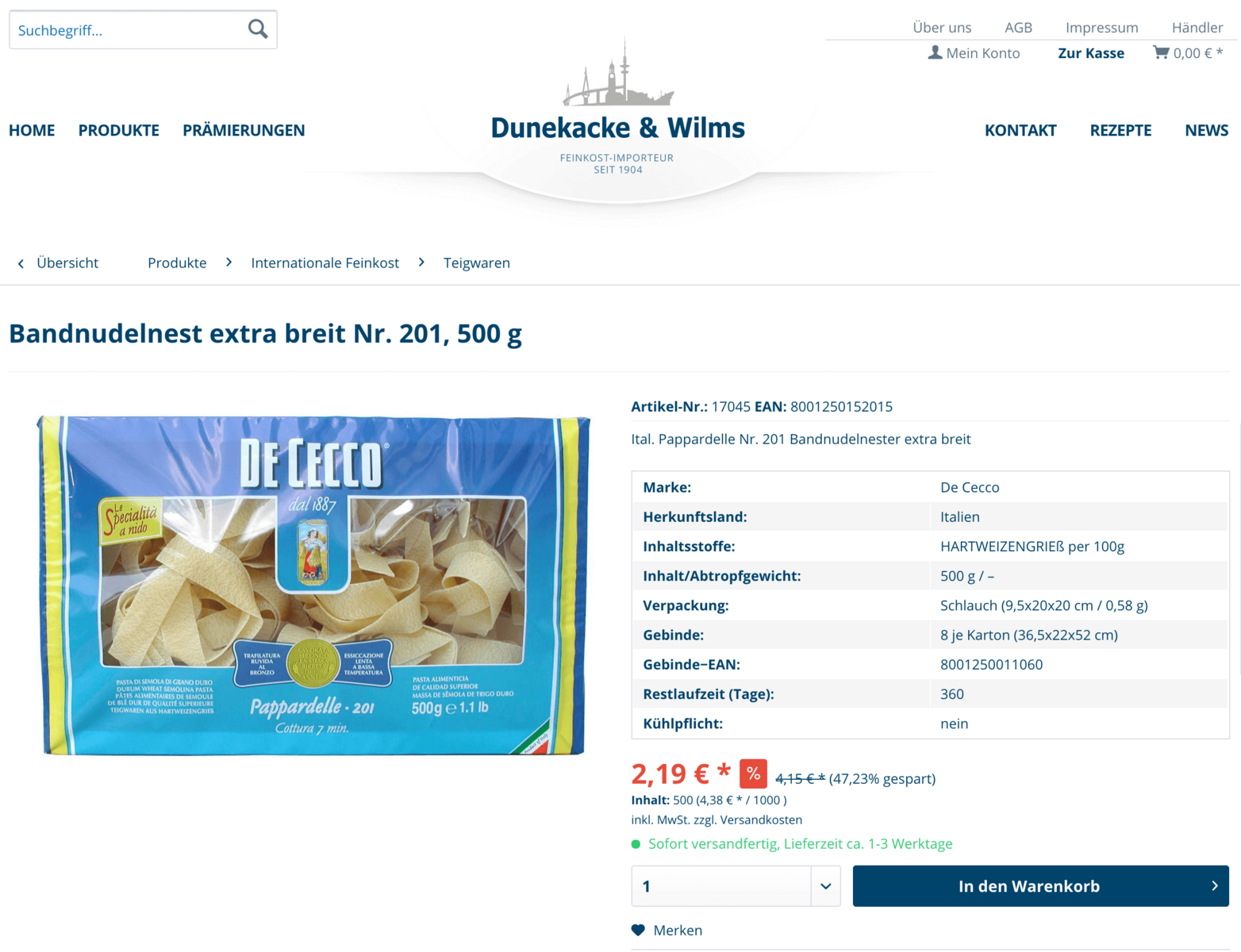 All In Online: Express-Webshop für Dunekacke & Wilms, Feinkost Hamburg 