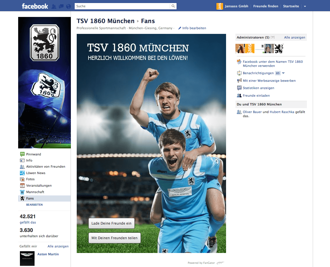 Bundesligist TSV 1860 München startet mit FanGator auf Facebook