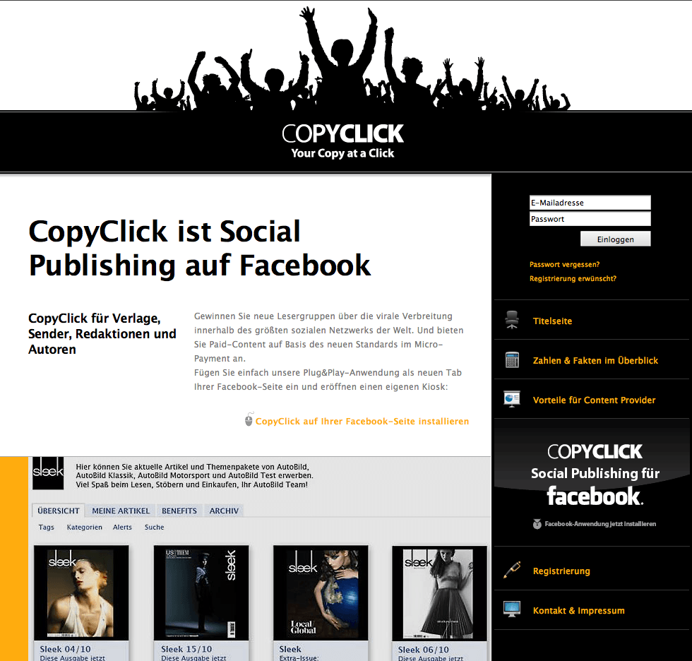 CopyClick Website, Fanpage und Microsite